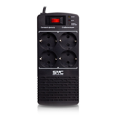 Стабилизатор (AVR), SVC, AVR-1000-L, Мощность 1000ВА/500Вт, LED-индикаторы, Диапазон работы AVR: 174-280В, 4 вых., 1.2 м., Чёрный
