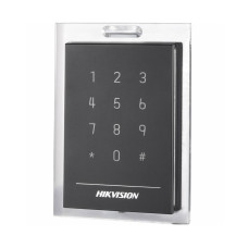 Считыватель контроля доступа, Hikvision, DS-K1101MK, Считыватель карт M1/EM, корпус из материала PC+ABS с панелью PMMA, встроенный звуковой сигнал, интерфейс RS-485 и Wiegand, IP64, от -20 °C до 65 °C