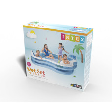 Семейный надувной бассейн Beach Wave 229 х 229 х 66 см, INTEX, 56475NP, Винил, 990 л., 3+, 4 надувных сиденья с спинками, 2 встроенных подстаканника, Сливной клапан, Голубой, Цветная коробка