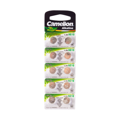 Батарейка, CAMELION, AG10-BP10(0%Hg), Alkaline, AG10, 1.5V, 0% Ртути, 10 шт. в блистере
