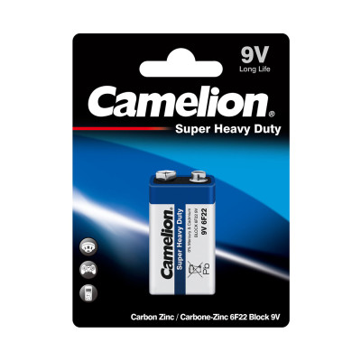 Батарейка, CAMELION, 6F22-BP1B, Солевая, 6F22(крона), 9V, 190 mAh, 1 шт., Блистер