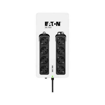 Источник бесперебойного питания, Eaton, 3S700D, Мощность 700ВА/420Вт, Диапазон работы AVR: 184-264В (с возможностью регулировки до 161-284В), Бат.: 12В/7 Ач*1шт., 8 вых.: 8 розеток Schuko (из них с питанием от батареи - 4), 2 USB порта с током до 2A, RJ-1