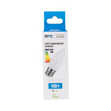 Лампа светодиодная, SVC, LED C35-9W-E27-4000K, Свеча, Мощность 9Вт, Тип колбы C35, Цвет. температура 4000K, Цоколь E27, Нейтральный