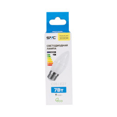 Лампа светодиодная, SVC, LED C35-7W-E27-3000K, Свеча, Мощность 7Вт, Тип колбы C35, Цвет. температура 3000K, Цоколь E27, Тёплый