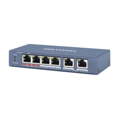 Сетевой коммутатор Hikvision DS-3E0106HP-E Switch 4 port 10/100M 2xHi PoE, 3xPoE, 2xRJ45, PoE 60W, desktop