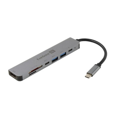 Концентратор USB ExeGate DUB-21C/PD/CR/H, EX293983RUS, Серый Hub 3 port, USB Type-C/2xType-A/HDMI/SD/microSD, grey