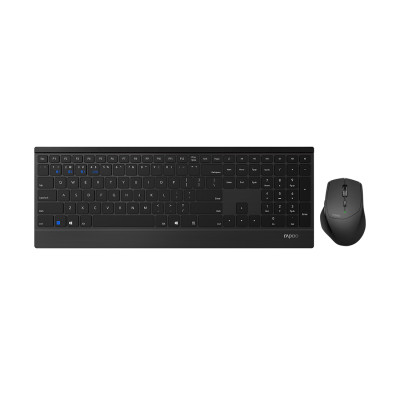 Комплект Клавиатура + Мышь, Rapoo, 9500M, Беспроводная 2.4G, Bluetooth 3.0, 4.0, 3200DPI, Нано-ресивер, Кол-во стандартных клавиш 104, Англ/Рус, Алюминий, Чёрный