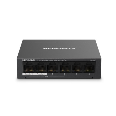 Коммутатор, Mercusys, MS106LP, Миниатюрный, 6 портов 10/100M RJ45 (4 порта PoE+ 802.3af/at 40W, 250м), Auto-MDI/MDIX