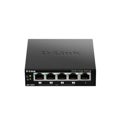 Коммутатор, D-Link, DES-1005P/B1A, Неуправляемый, 5 портов 10/100Base-TX, 4 порта PoE 802.3af/at, PoEбюджет 60 Вт, настольный