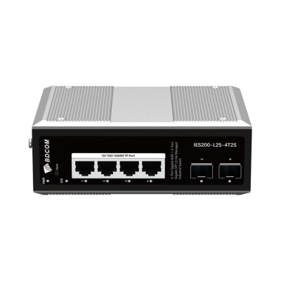 Коммутатор, BDCOM, IES200-L25-4T2S, Управляемый L3-lite, 4 порта 10/100/1000 RJ45, 2 порта SFP, DC 12-55В Dual RPS, вход DC12V, -40+75°C, DIN-rail