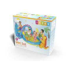 Детский надувной игровой бассейн Dinoland 302 х 229 см, INTEX, 57135NP, Винил, 290л., 2+, Горка, Разбрызгиватель в виде динозавра, Надувная фигура динозавра, Шарики и накидные обручи для игры, Сине-жёлтый, Цветная коробка