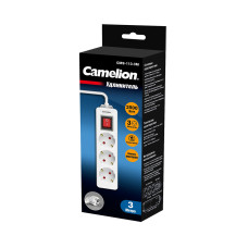 Удлинитель, Camelion, CMS-113-3M, 10A/250V, 3 розетки, 3 метра, 220-250В, 10А, картонная коробка, белый