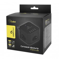 Сетевой фильтр + зарядка Cablexpert CUBE-3-U4-B-1.5, Черный 