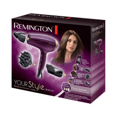 Фен, Remington, D5219, Полноразмерный, Мощность 2300W, Тип двигателя DC мотор, 2 скоростных режима, 3 температурных режима, Скорость подачи воздуха 85 км/ч, Длина шнура электропитания 180см, 3 насадки, Фиолетовый