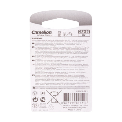 Батарейка, CAMELION, CR2430-BP1 Lithium Battery, CR2430, 3V, 220 mAh, 1 шт.