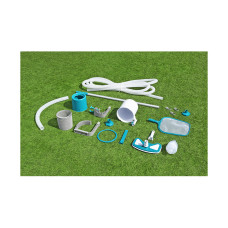 Набор для чистки бассейна AquaClean Deluxe, BESTWAY, 58237, Пластик/Алюминий, Скиммер, Насадка-сачок, Насадка-пылесос, Телескопическая ручка 279 см., Вакуумный шланг 7.5 м., Сине-Белый, Цветная коробка