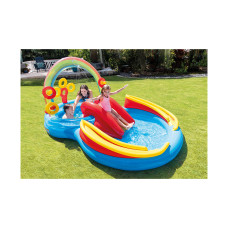 Детский надувной игровой бассейн Rainbow Ring 297 х 193 см, INTEX, 57453NP, Винил, 175л., 2+, Надувная горка, Разбрызгиватель для воды, Накидные обручи для игры, Сливной клапан, Максимальная нагрузка 81 кг, Синий, Цветная коробка