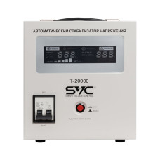 Стабилизатор (AVR), SVC, T-20000, 20000ВА/20000Вт, Диапазон работы AVR: 140-260В, Выходное напряжение: 220В +/-8-10%, Задержка включения, Клеммная колодка, LCD-дисплей, Защита: от перегрузки, короткого замыкания, повышенной температуры, Белый