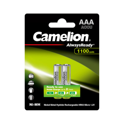 Аккумулятор, CAMELION, NH-AAA1100ARBP2, AlwaysReady Ni-MH Rechargeable, AAA, 1.2V, 1100 mAh, 2 шт., Блистер