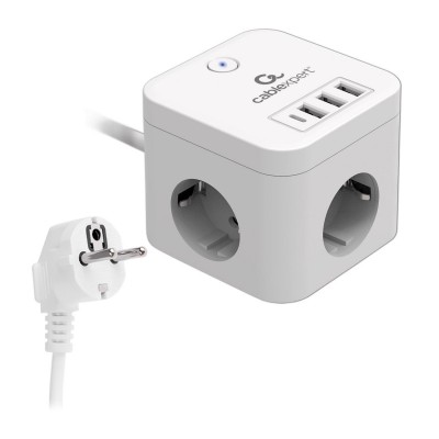 Сетевой фильтр + зарядка Cablexpert CUBE-3-CU3-W-1.5, Белый 1.5m, 3 розетки, 10A, 1xType-C/3xUSB, White