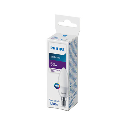 Лампа, Philips, LED Candle 5W-500lm-E14-840B35NDFR, Ecohome, Мощность 5Вт, Световой поток 500Лм, Цоколь E14, Индекс цветопередачи 80CRI, Температура 4000К, Форма лампы B45, Матовая колба, Нейтральный