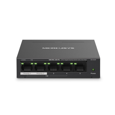 Коммутатор, Mercusys, MS105GP, Миниатюрный, 5 портов 10/100/1000M RJ45 (4 портов PoE+ 802/3af/at 65W, 250м), Auto-MDI/MDIX