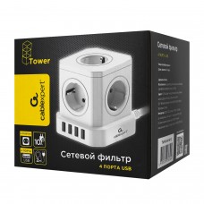 Сетевой фильтр + зарядка Cablexpert Tower TWR-5-U4-W-2, Белый 