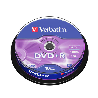 Диск DVD+R, Verbatim, (43498) 4.7GB, 16х, 10шт в упаковке, Незаписанный