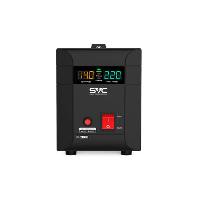 Стабилизатор (AVR), SVC, R-2000, 2000ВА/2000Вт, Диапазон работы AVR: 140-260В, Выходное напряжение: 220В +/-7%, Задержка включения, выход 2 шт Shсuko, LCD-дисплей, Защита: от перегрузки, короткого замыкания, повышенной температуры, Чёрно-красный