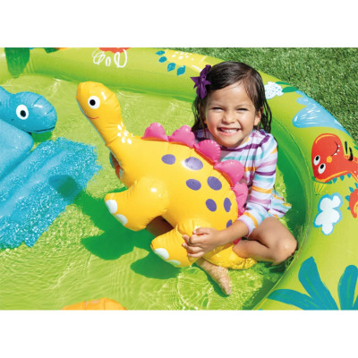 Детский надувной игровой бассейн Little Dino 191 х 152 см, INTEX, 57166NP, Винил, 143л., 2+, Горка, Разбрызгиватель, Надувная фигура динозавра, Зелёный, Цветная коробка