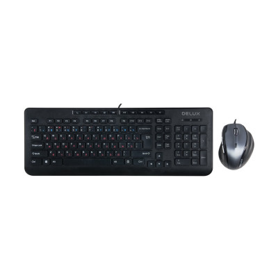 Комплект Клавиатура + Мышь, Delux, DLD-6220OUB, Оптическая Мышь, USB, 1000-3200DPI, Длина кабеля 1,6 метра, Кол-во стандартных клавиш 104, Анг/Рус/Каз, Чёрный