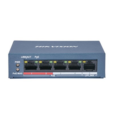 Сетевой коммутатор Hikvision DS-3E0105P-E/M(B) Switch 4 port 10/100M 4xPoE + 1xRJ45 Uplink 10/100M, PoE 35W, desktop