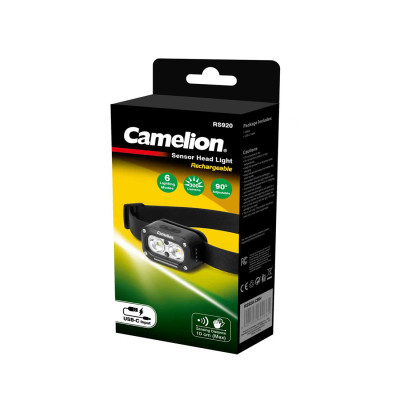 Перезаряжаемый налобный фонарь, Camelion, RS920-CBH, встроенный литий- полимерный аккумулятор, 1200 мАч, 3W LED + 10W COB, до 320Лм, расстояние луча 50м, чёрный
