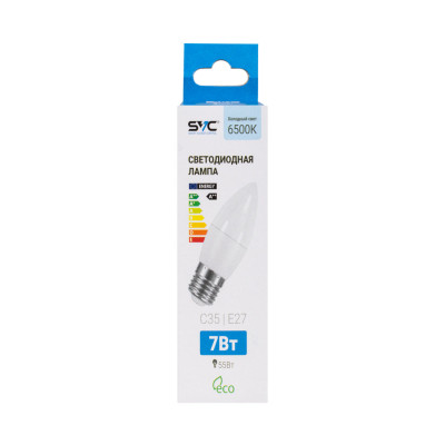 Лампа светодиодная, SVC, LED C35-7W-E27-6500K, Свеча, Мощность 7Вт, Тип колбы C35, Цвет. температура 6500K, Цоколь E27, Холодный