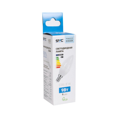 Лампа светодиодная, SVC, LED C35-9W-E14-6500K, Свеча, Мощность 9Вт, Тип колбы C35, Цвет. температура 6500K, Цоколь E27, Холодный