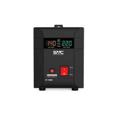 Стабилизатор (AVR), SVC, R-1500, 1500ВА/1500Вт, Диапазон работы AVR: 140-260В, Выходное напряжение: 220В +/-7%, Задержка включения, выход 2 шт Shсuko, LCD-дисплей, Защита: от перегрузки, короткого замыкания, повышенной температуры, Чёрно-красный
