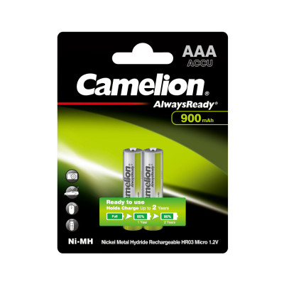 Аккумулятор, CAMELION, NH-AAA900ARBP2, AlwaysReady Rechargeable, AAA, 1.2V, 900 mAh, 2 шт., Блистер