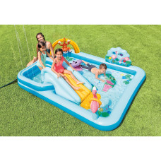 Детский надувной игровой бассейн Jungle Adventure 244 х 198 см, INTEX, 57161NP, Винил, 493+57л., 2+, Два отделения, Горка, Встроенный разбрызгиватель, Надувные фигуры животных, Синий, Цветная коробка