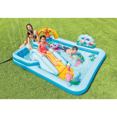 Детский надувной игровой бассейн Jungle Adventure 244 х 198 см, INTEX, 57161NP, Винил, 493+57л., 2+, Два отделения, Горка, Встроенный разбрызгиватель, Надувные фигуры животных, Синий, Цветная коробка