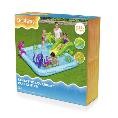 Детский надувной игровой бассейн Fantastic Aquarium 239 х 206, BESTWAY, 53052, Винил, 308 л., 2+, Съемная горка, Разбрызгиватель, Множество надувных игрушек, Голубой, Цветная коробка