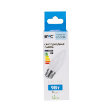Лампа светодиодная, SVC, LED C35-9W-E27-6500K, Свеча, Мощность 9Вт, Тип колбы C35, Цвет. температура 6500K, Цоколь E27, Холодный