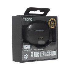 Беспроводные наушники, TECNO, Buds 4 Air, BD04 Air, 20 Гц - 20000 Гц, вес 29 г, 35 мАч (один наушник), 320 мАч (кейс), Bluetooth 5.4, Type-C, (Black) Черный