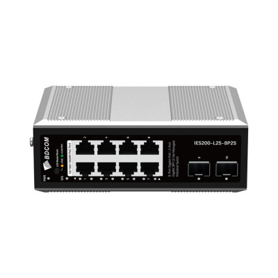 Коммутатор, BDCOM, IES200-L25-8P2S, Управляемый L3-lite, 8 портов 10/100/1000 RJ45, PoE 802.3af/at, бюджет POE 240В (зависит от БП), 2 порта SFP, DC 48-55В Dual RPS, вход DC12V (Jack) non-PoE power input, -40+75°C, DIN-rail, без блока питания