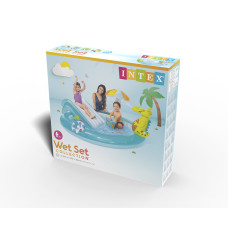 Детский надувной игровой бассейн Gator 201 х 170 см, INTEX, 57165NP, Винил, 160л., 2+, Горка, Разбрызгиватель в виде аллигатора, Надувной тент-грибок и пр., Голубой, Цветная коробка