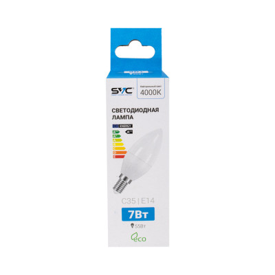Лампа светодиодная, SVC, LED C35-7W-E14-4000K, Свеча, Мощность 7Вт, Тип колбы C35, Цвет. температура 4000K, Цоколь E14, Нейтральный