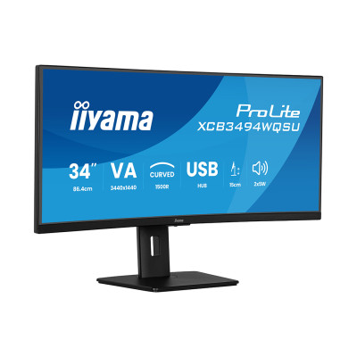 Монитор, iiyama, ProLite PL3494WQ, XCB3494WQSU-B1, 34", Изогнутый, 3440x1440, VA, 21:9, 120 Гц, 350 кд/м2, 0.4 мс, 16.7М, 3000:1, 178/178, HDMI*2, DP*1, USB*4, USB-C*2, Mini jack, высота/вращение/наклон, Черный