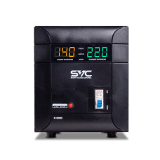 Стабилизатор (AVR), SVC, R-5000, 5000ВА/5000Вт, Диапазон работы AVR: 140-260В, Выходное напряжение: 220В +/-7%, Задержка включения, Клеммная колодка, LCD-дисплей, Защита: от перегрузки, короткого замыкания, повышенной температуры, Чёрно-красный