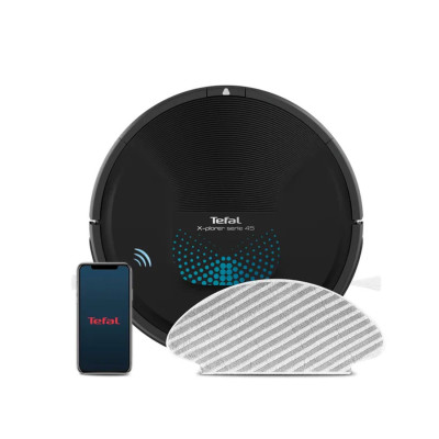 Робот-пылесос, Tefal, RG8275WH, Сухая и влажная уборка, Мощная центральная турбощетка, Автономная работа 150 мин, Время зарядки 6 часов, Емкость контейнера для пыли 0,44л, Уровень шума 70 дБ, Черный