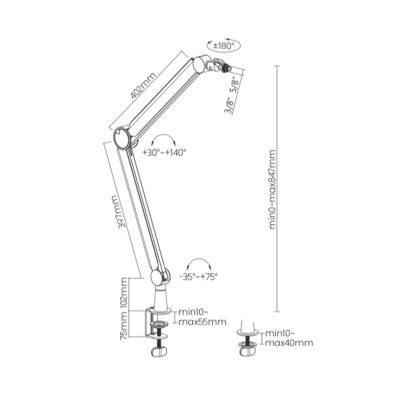 Пантограф (стойка) для микрофона, Brateck, MDS13-1, нагрузка до 1 кг, 3/8", 5/8", черный