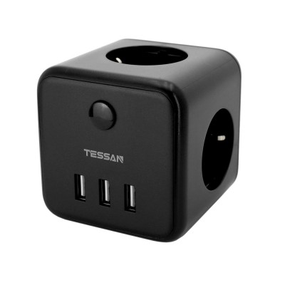 Сетевой фильтр + зарядка Tessan TS-301, 1.5m, Черный 3 розетки, 10A, 3 USB 2.4A max, switch, black